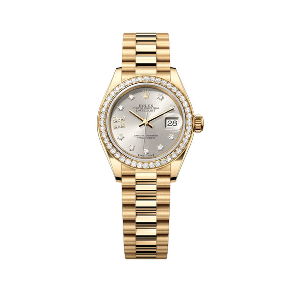 Rolex Lady-Datejust 279138RBR-0001 Silver Diamond Dial 28mm 18kt Yellow Gold President Bracelet Watch
