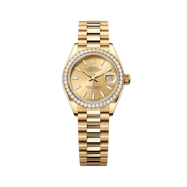 Rolex Lady-Datejust 279138RBR-0014 Champagne Dial 28mm 18kt Yellow Gold President Bracelet Watch