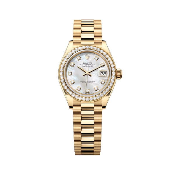 Rolex Lady-Datejust 279138RBR-0015 28mm 18K Yellow Gold Diamond Bezel White Mother-of-Pearl Dial President Bracelet