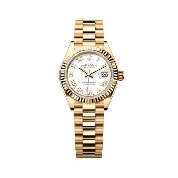 Rolex Lady-Datejust 279178-0029 28mm Yellow Gold Fluted Bezel White Roman Numeral Dial President Bracelet
