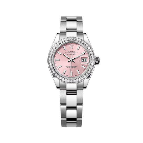 Rolex Lady-Datejust 28mm Ref. 279384RBR-0002 Pink Dial Diamond Bezel White Rolesor Oyster Bracelet