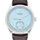 Rolex 1908 52506-0002 Ice Blue Dial Platinum 39mm Alligator Leather Strap Watch
