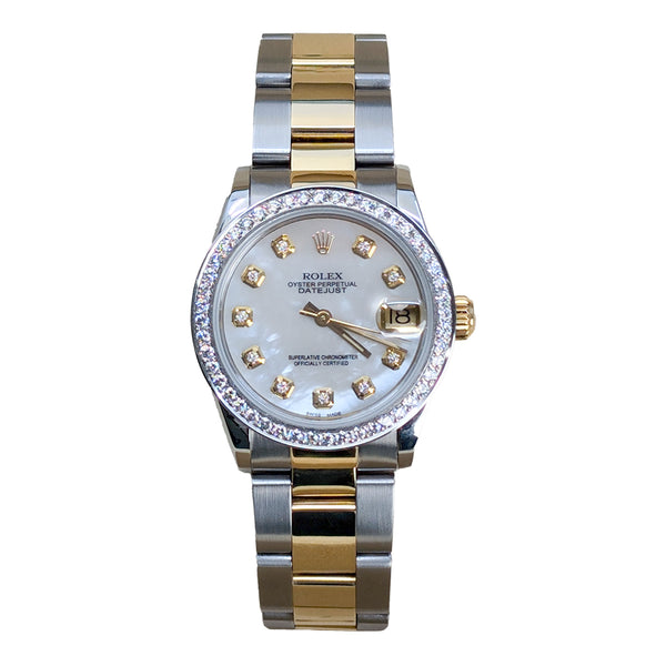 Rolex Datejust 68273 31mm Two-Tone Watch with Aftermarket Mother-of-Pearl Dial, Diamond Bezel, and Oyster Bracelet