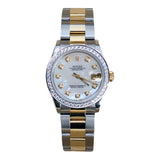 Rolex Datejust 68273 31mm Two-Tone Watch with Aftermarket Mother-of-Pearl Dial, Diamond Bezel, and Oyster Bracelet