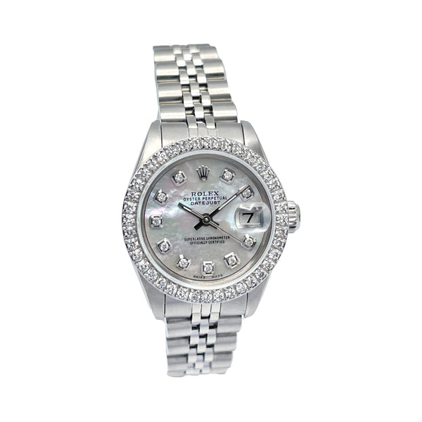 Rolex Datejust 69190 Ladies 26mm Oystersteel with Aftermarket MOP Dial and Diamond Bezel