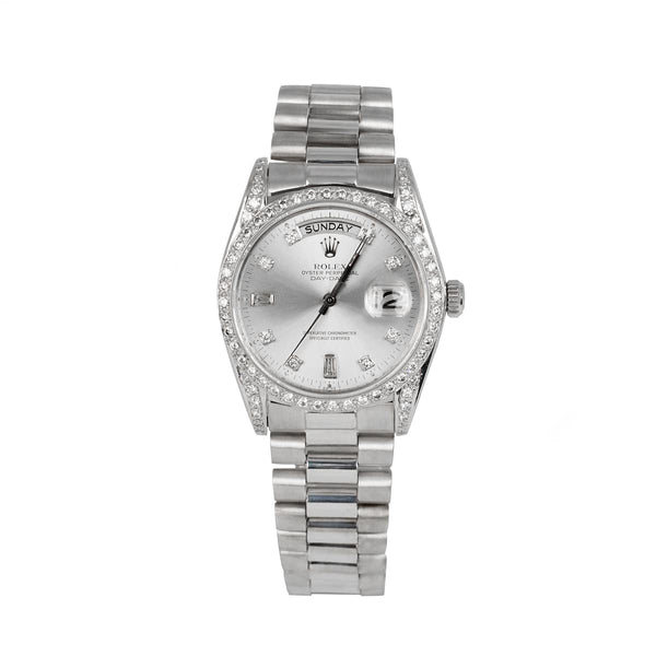 Rolex Day-Date 36 Ref. 18049 18K White Gold with Aftermarket Diamond Dial, Lugs, and Bezel
