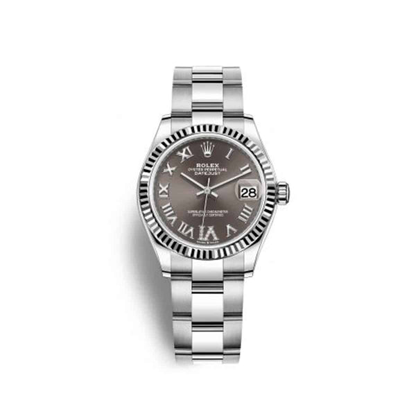 Rolex Datejust 31 278274-0027 Dark Grey Diamond Dial Fluted Bezel Oyster Bracelet White Rolesor Watch