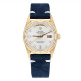 Rolex Day-Date 36 18238 18K Yellow Gold Fluted Bezel Silver Diamond Dial Watch
