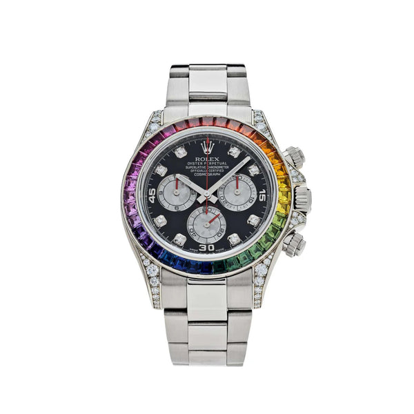 Rolex Daytona 116599RBOW 40mm White Gold Black Diamond-Set Dial Rainbow Bezel Oyster Watch