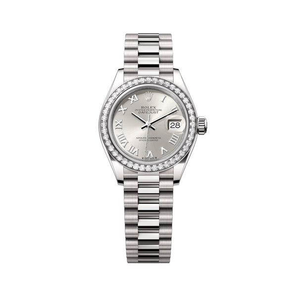 Rolex Lady-Datejust 279139RBR-0007 28mm Silver Roman Dial 18kt White Gold President Bracelet