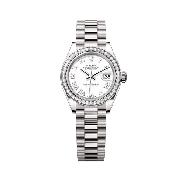 Rolex Lady-Datejust 279139RBR-0013 28mm White Dial Diamond Bezel 18kt White Gold President Bracelet