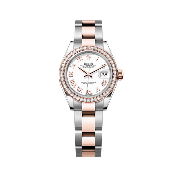 Rolex Lady-Datejust 279381RBR-0022 28mm Everose Rolesor White Roman Dial Diamond Bezel Oyster Bracelet