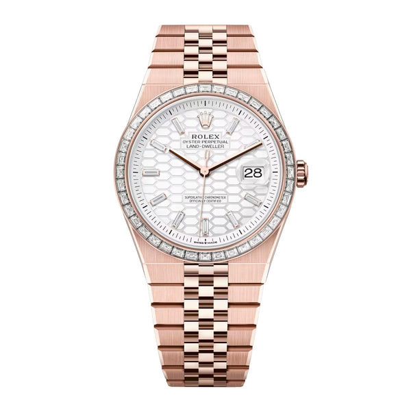 Rolex Land-Dweller 127385TBR-0003 40mm White Honeycomb Dial Diamond Bezel 18kt Everose Gold Jubilee Bracelet