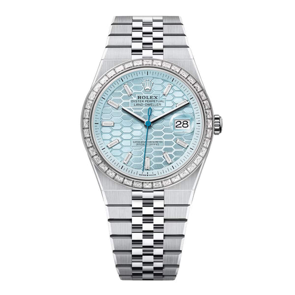 Rolex Land-Dweller 127386TBR-0001 40mm Platinum Ice Blue Honeycomb Dial Diamond-Set Bezel Jubilee Bracelet
