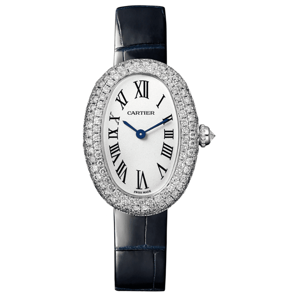 Cartier Baignoire WJBA0015 Small Model 18k White Gold Diamond 32mm Leather Strap