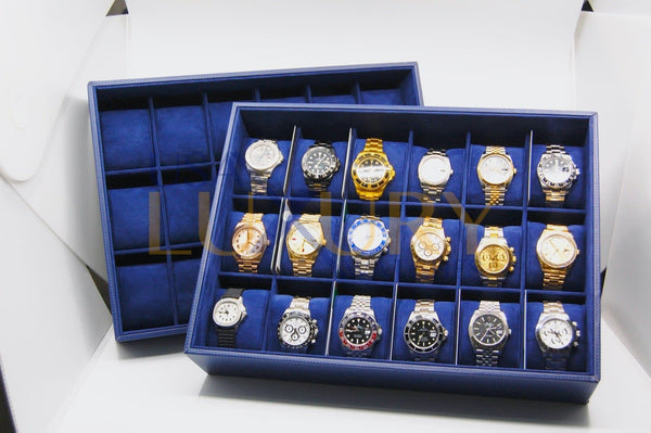 18-Watch Stackable Tray in Navy Blue PU Leather and Velvet