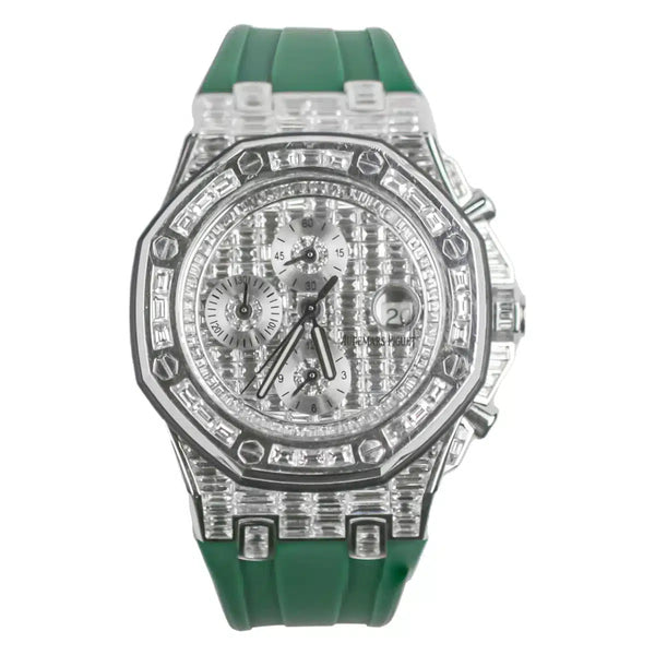 Audemars Piguet Royal Oak Offshore Chronograph 26170ST with Aftermarket Diamond Dial, Diamond Case, and Green Rubber Strap