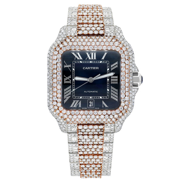 Cartier Santos de Cartier WSSA0018 Custom Diamond Iced Out Stainless Steel and Rose Gold 40mm