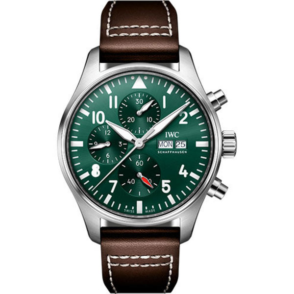 IWC Pilot's Watch Chronograph IW378005 43mm Stainless Steel Green Dial Brown Leather Strap