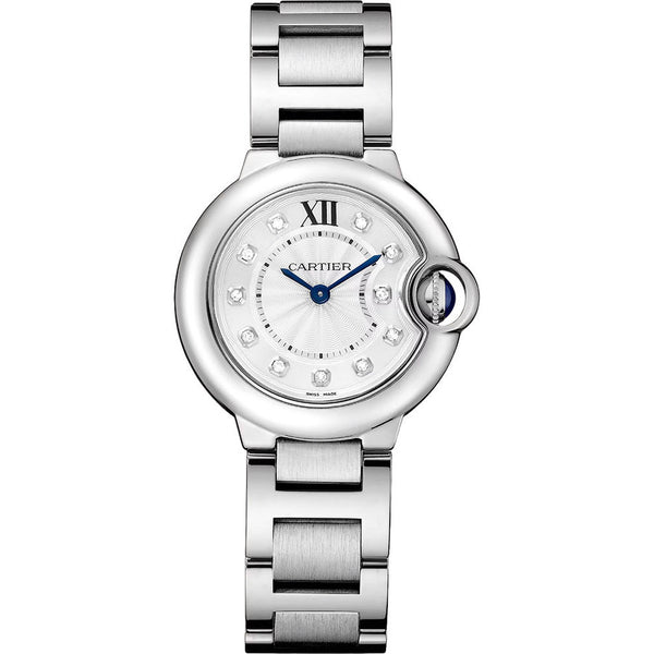 Cartier Ballon Bleu W4BB0029 28mm Silver Dial Diamond Hour Markers Steel Bracelet Watch
