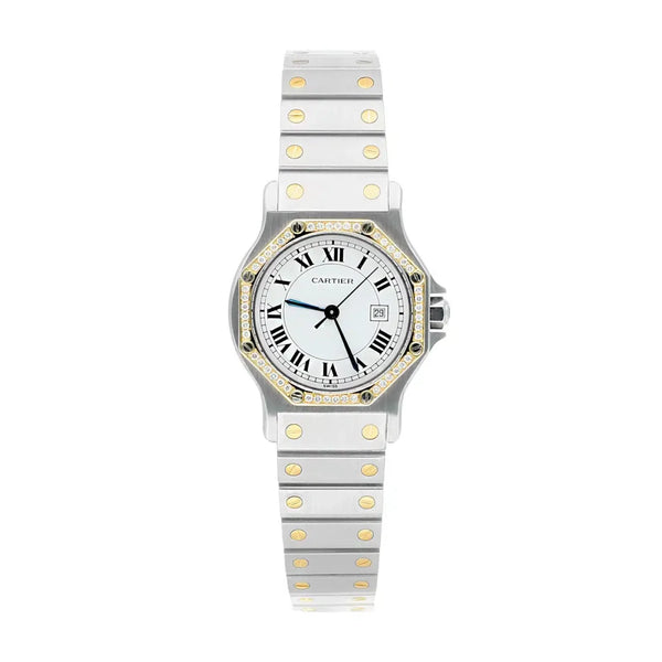 Cartier Santos 29mm Octagon White Dial Gold Diamond Watch