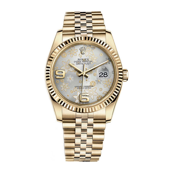 Rolex Datejust 36 Ref. 116238-0082 Silver Floral Dial Yellow Gold Jubilee