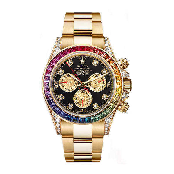 Rolex Daytona 16528 18k Yellow Gold with Rainbow Sapphires and Diamond Bezel