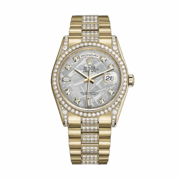 Rolex Day-Date 118388 36mm Yellow Gold Diamond Bezel Meteorite Dial President Bracelet