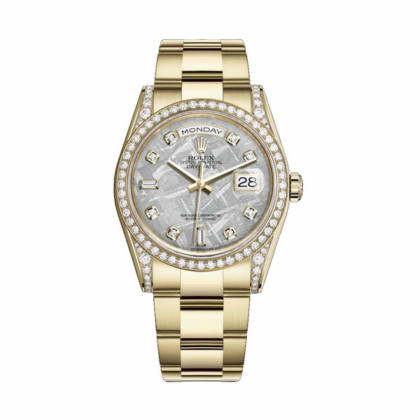Rolex Day-Date 118388 36mm Yellow Gold Diamond Bezel Meteorite Dial Oyster Bracelet