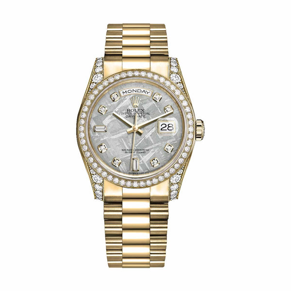 Rolex Day-Date 118388 36mm Yellow Gold Diamond Bezel Meteorite Dial President Bracelet