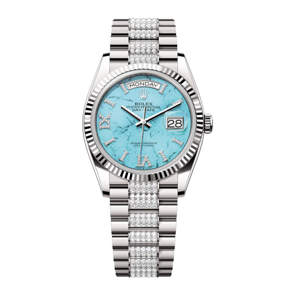 Rolex Day-Date 36 ref. 128239-0045 Turquoise Diamond Dial in 18kt White Gold