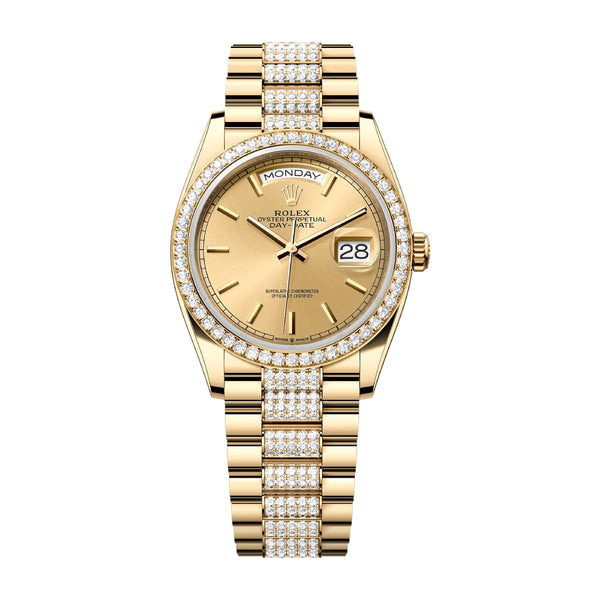 Rolex Day-Date 36 Reference 128348RBR-0027 Champagne Dial Yellow Gold Diamond Bracelet