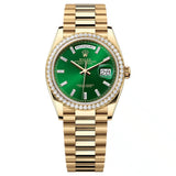 Rolex Day-Date 128348RBR-0078 36mm Yellow Gold Green Dial Diamond Bezel