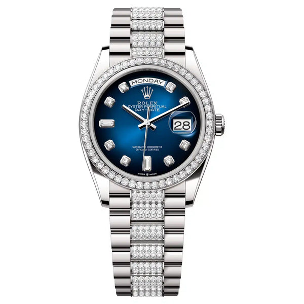 Rolex Day-Date 128349RBR-0016 36mm White Gold Blue Ombré Dial President Bracelet