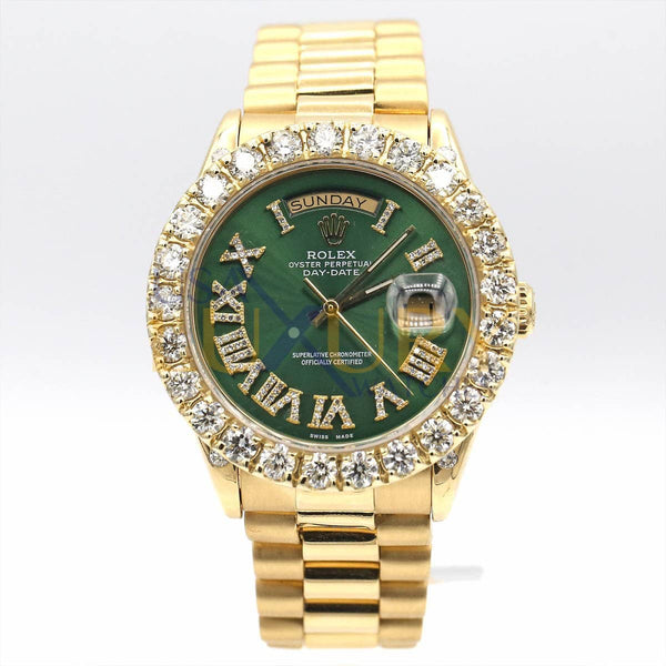 Rolex Day-Date 18038 18k Yellow Gold Green Roman Numeral Dial Aftermarket Diamond Bezel