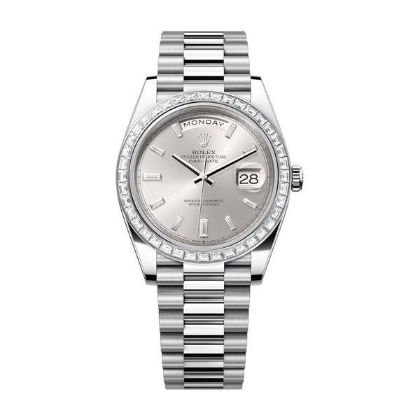 Rolex Day-Date 40 228396TBR-0011 Platinum Diamond Bezel Silver Dial