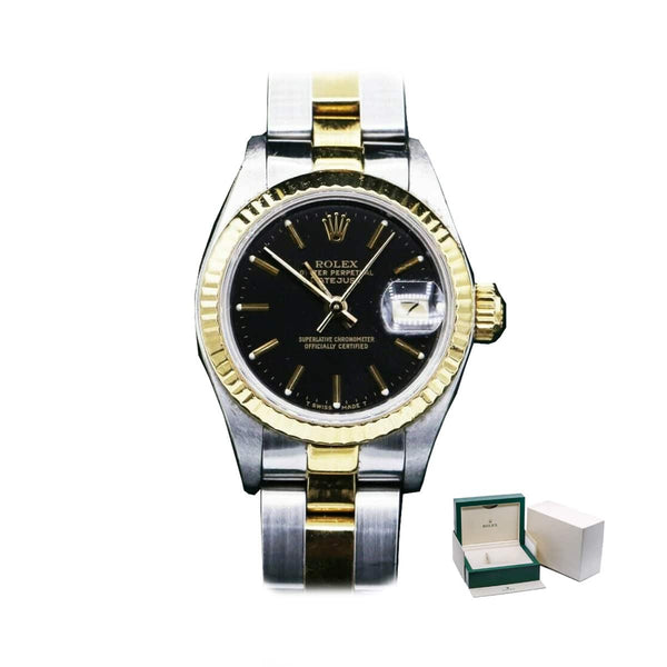 Rolex Datejust 69173 Two-Tone 18k Gold and Steel 26mm Black Dial Women's Watch