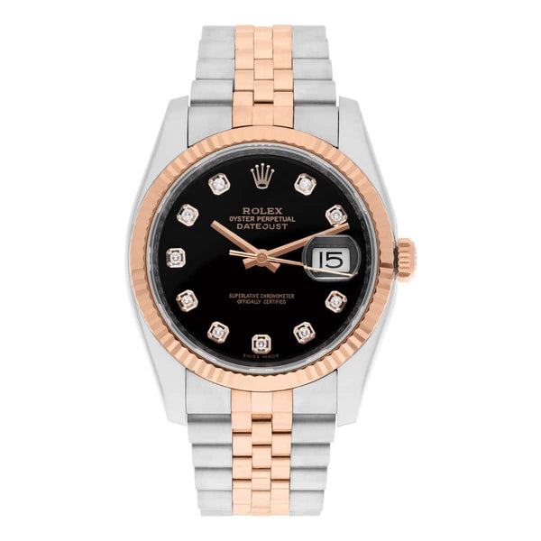 Rolex Datejust 36 Reference 116231 Black Diamond Dial Rose Gold and Stainless Steel Jubilee Watch