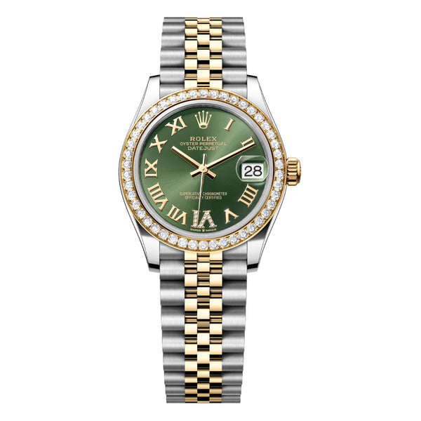 Rolex Datejust 31mm 278383RBR-0016 Steel and 18K Yellow Gold Green Roman Pave Dial Jubilee Bracelet