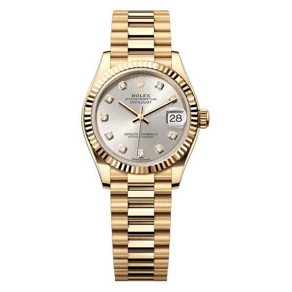 Rolex Datejust 31 278278-0034 18K Yellow Gold Silver Diamond Dial Fluted Bezel President Bracelet