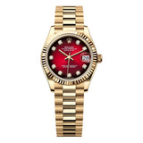 Rolex Datejust 31 278278-0049 Yellow Gold President Bracelet Red Ombré Diamond Dial Fluted Bezel