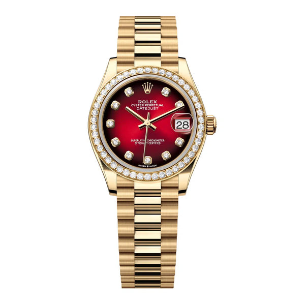 Rolex Datejust 278288RBR-0041 31mm Yellow Gold Diamond Bezel Red Ombré Diamond Dial President Bracelet