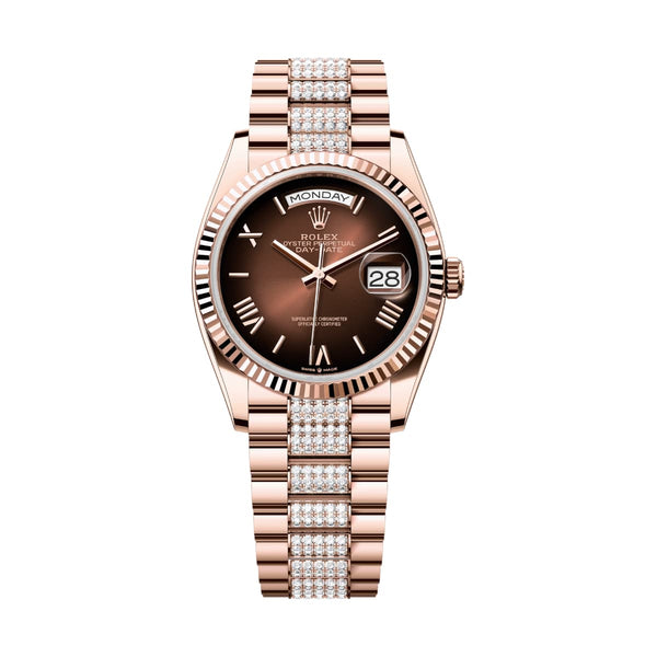 Rolex Day-Date 36 128235-0076 Everose Gold Brown-Ombré Roman Dial Diamond-Set President Bracelet
