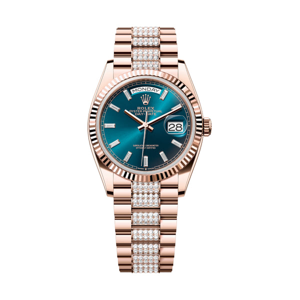 Rolex Day-Date 36 128235-0086 Everose Gold Blue-Green Diamond Dial & Diamond-Set President Bracelet