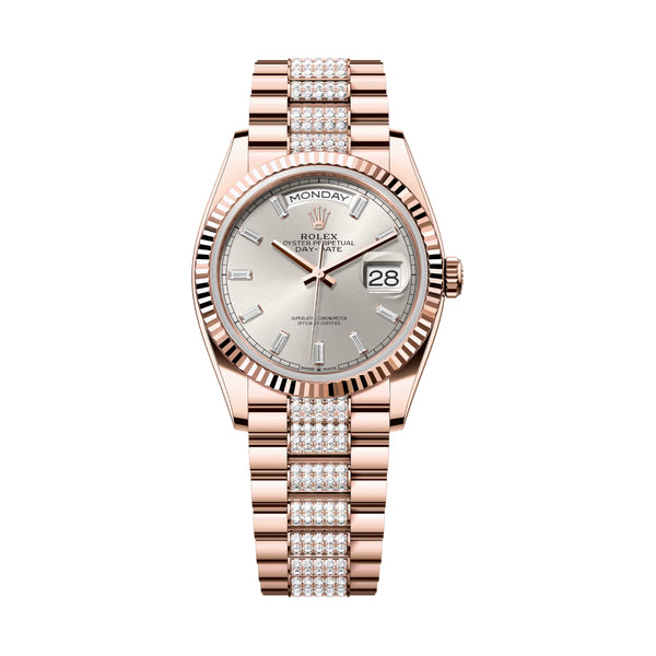Rolex Day-Date 36 128235-0088 Everose Gold Silver Diamond Dial & Diamond-Set President Bracelet