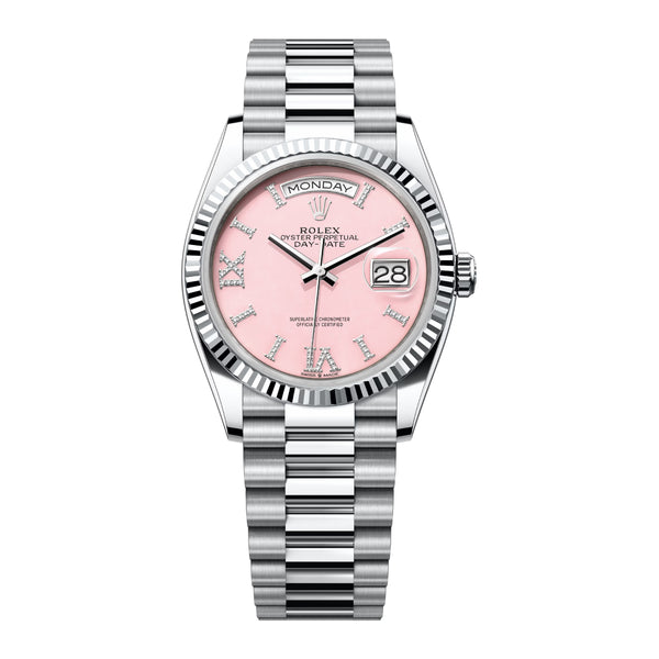 Rolex Day-Date 36 128236-0006 Platinum Pink Diamond Roman Dial