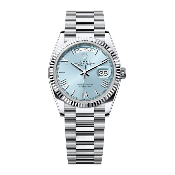 Rolex Day-Date 36 128236-0018 Platinum Ice Blue Roman Dial President Bracelet