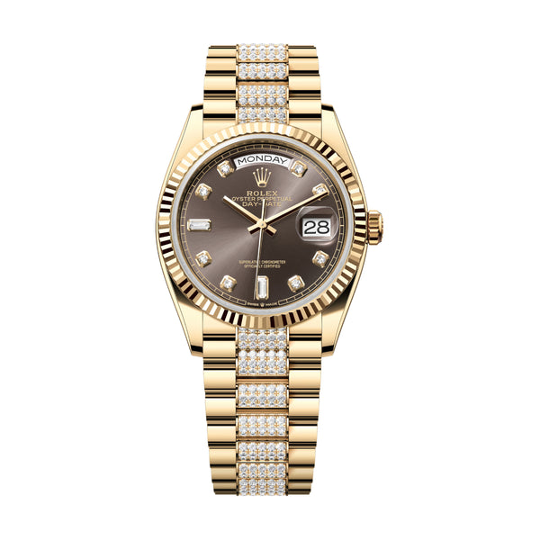 Rolex Day-Date 36 128238-0024 Dark Grey Diamond Dial & Diamond-Set President Bracelet in 18K Yellow Gold
