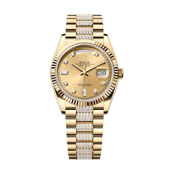 Rolex Day-Date 36 128238-0026 Champagne Diamond Dial & Diamond-Set President Bracelet in 18K Yellow Gold