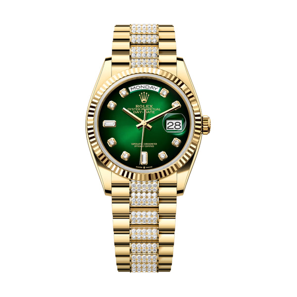 Rolex Day-Date 36 128238-0070 Green Ombré Diamond Dial Yellow Gold President Bracelet